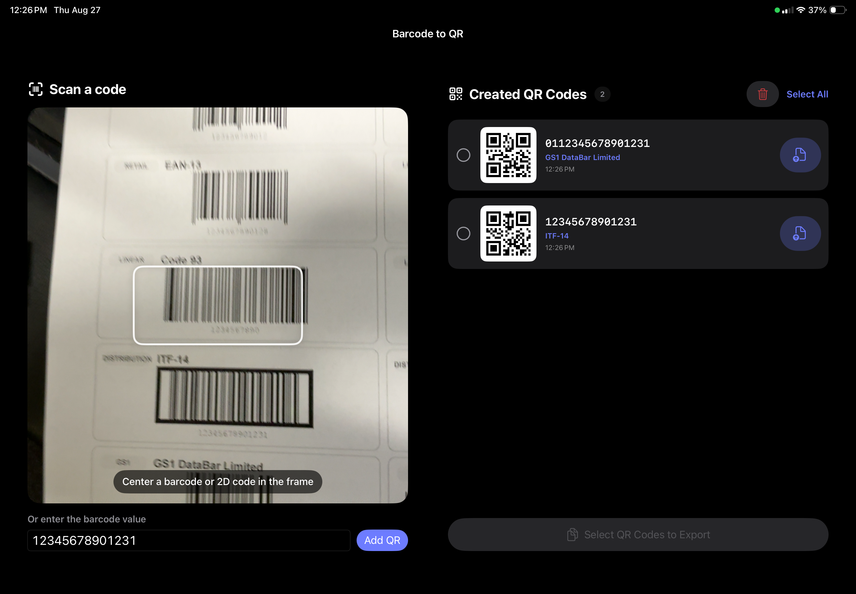 Barcode to QR on iPad: camera scanner on the left, created QR codes listed on the right