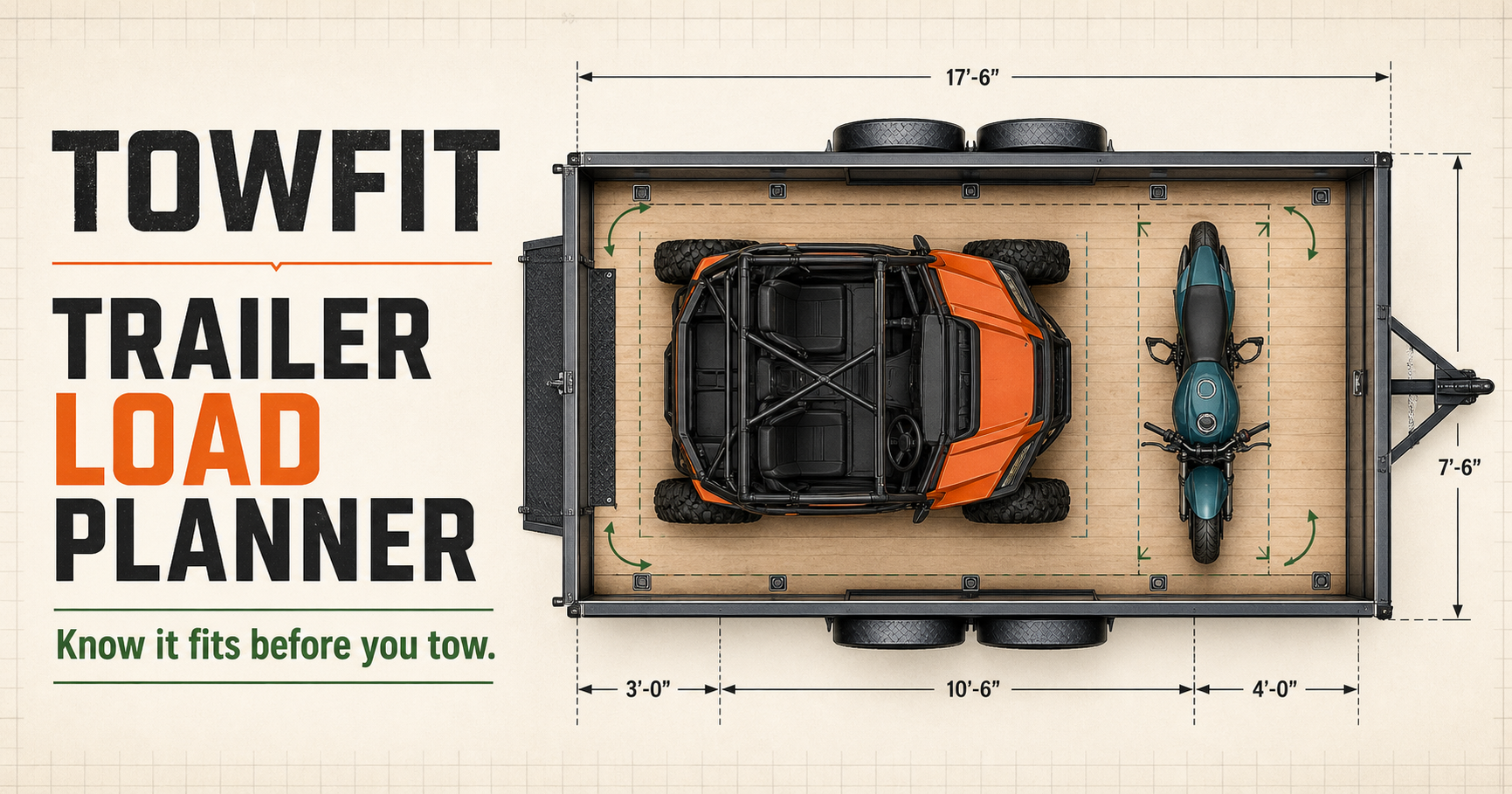 TowFit: a top-down trailer plan with a side-by-side and a motorcycle laid out to scale